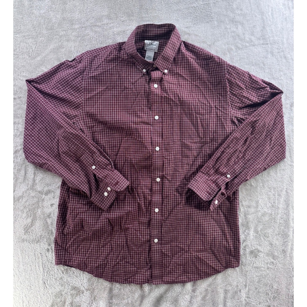 L.L.Bean Burgundy Plaid Button Down Shirt Mens Medium Reg Cotton Long Sleeve USA